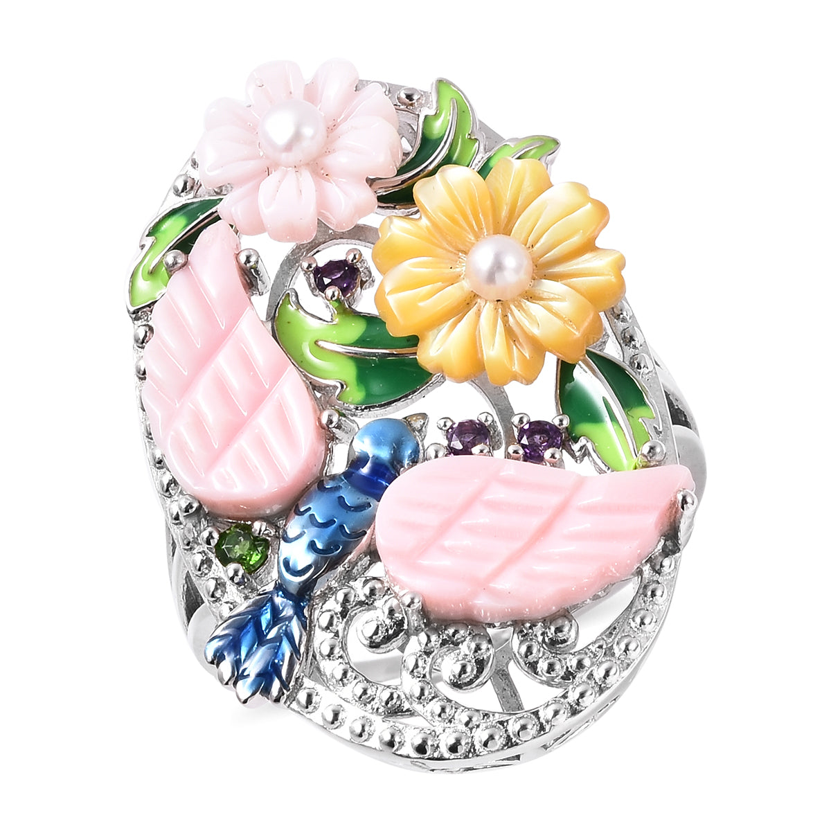 Pink and Yellow Mother of Pearl and Multi Gemstone Carved Flower Ring