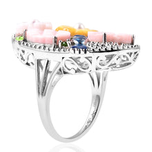 Load image into Gallery viewer, Pink and Yellow Mother of Pearl and Multi Gemstone Carved Flower Ring
