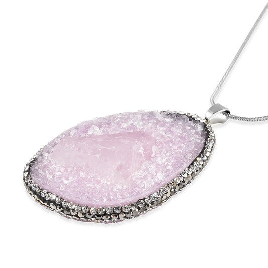 Purple Drusy Quartz, White and Hematite Austrian Crystal Pendant Necklace 20 Inches