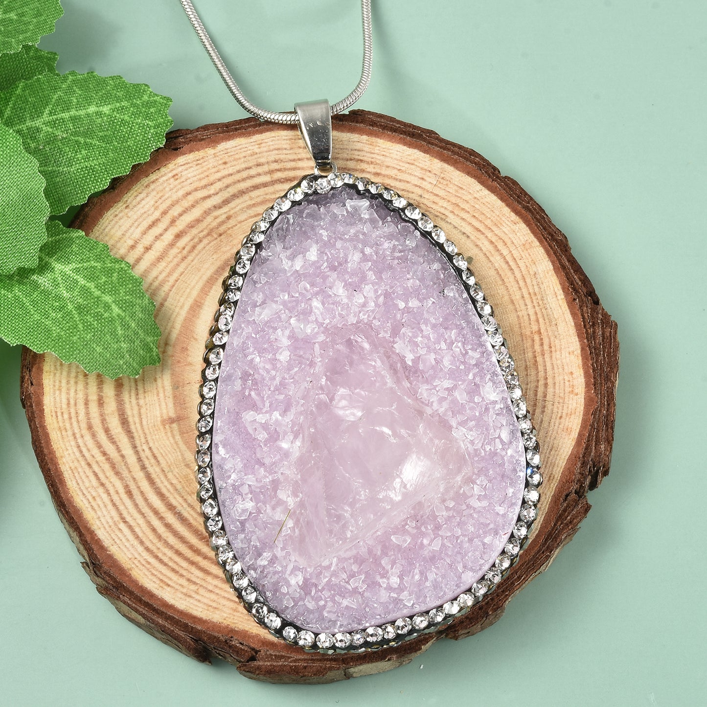 Purple Drusy Quartz, White and Hematite Austrian Crystal Pendant Necklace 20 Inches