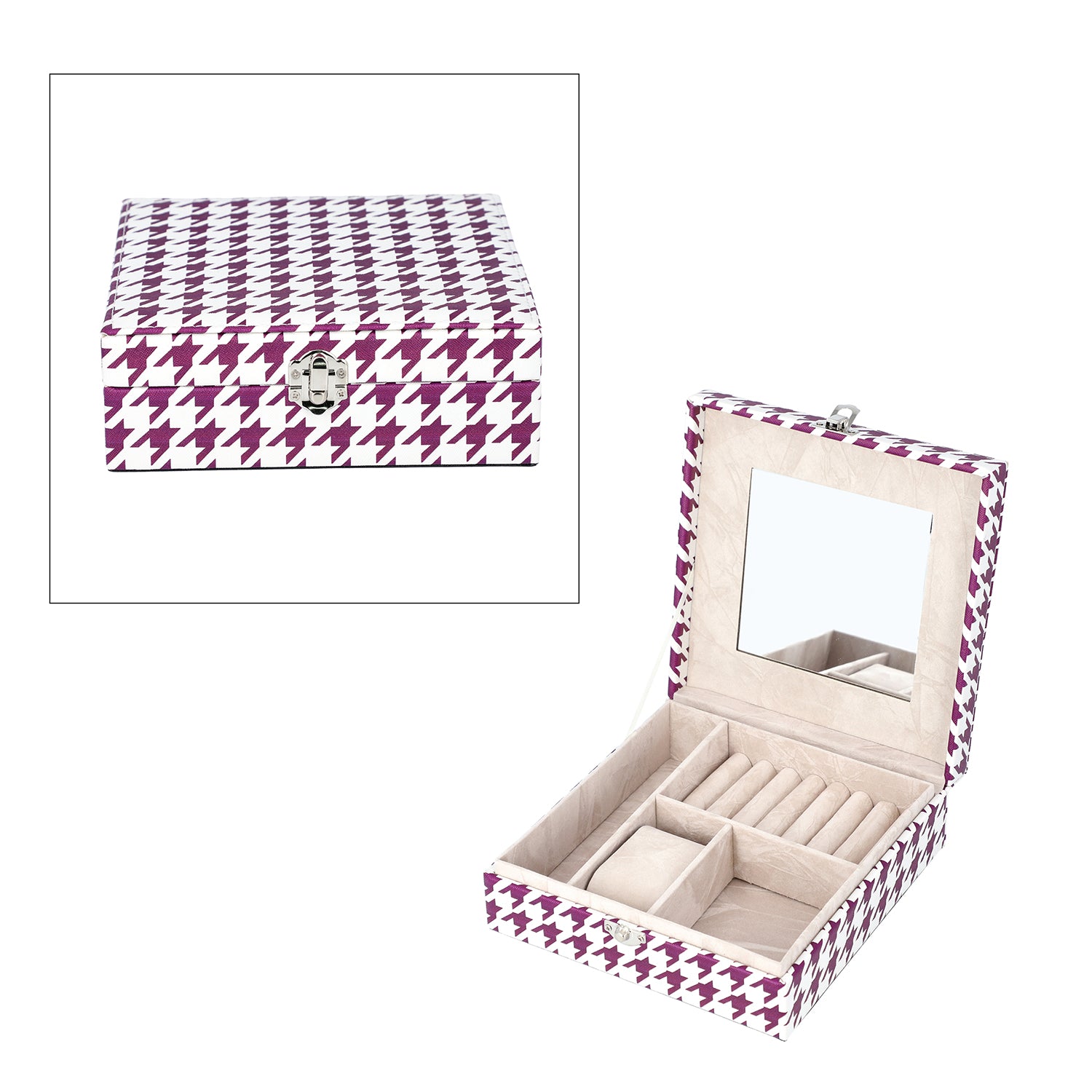 Purple and White Houndstooth Pattern Jewelry Box