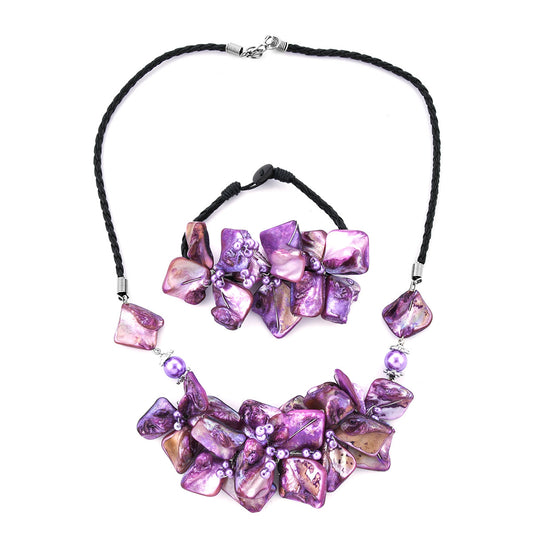 Luminous Purple Shell and Seed Bead Floral Necklace