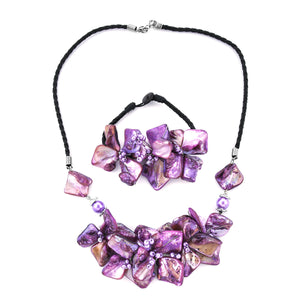 Luminous Purple Shell and Seed Bead Floral Necklace