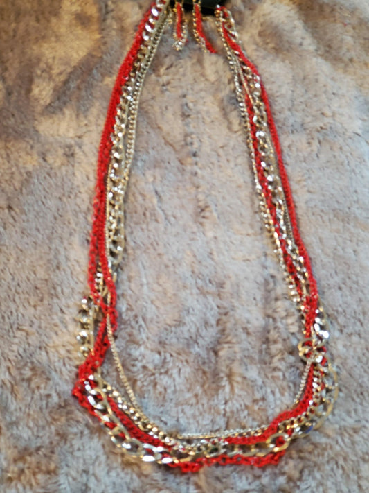 Multi Chain Red and Silver Necklace Set