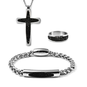 Black Austrian Crystal Men's Ring , Bar Bracelet or Cross Necklace