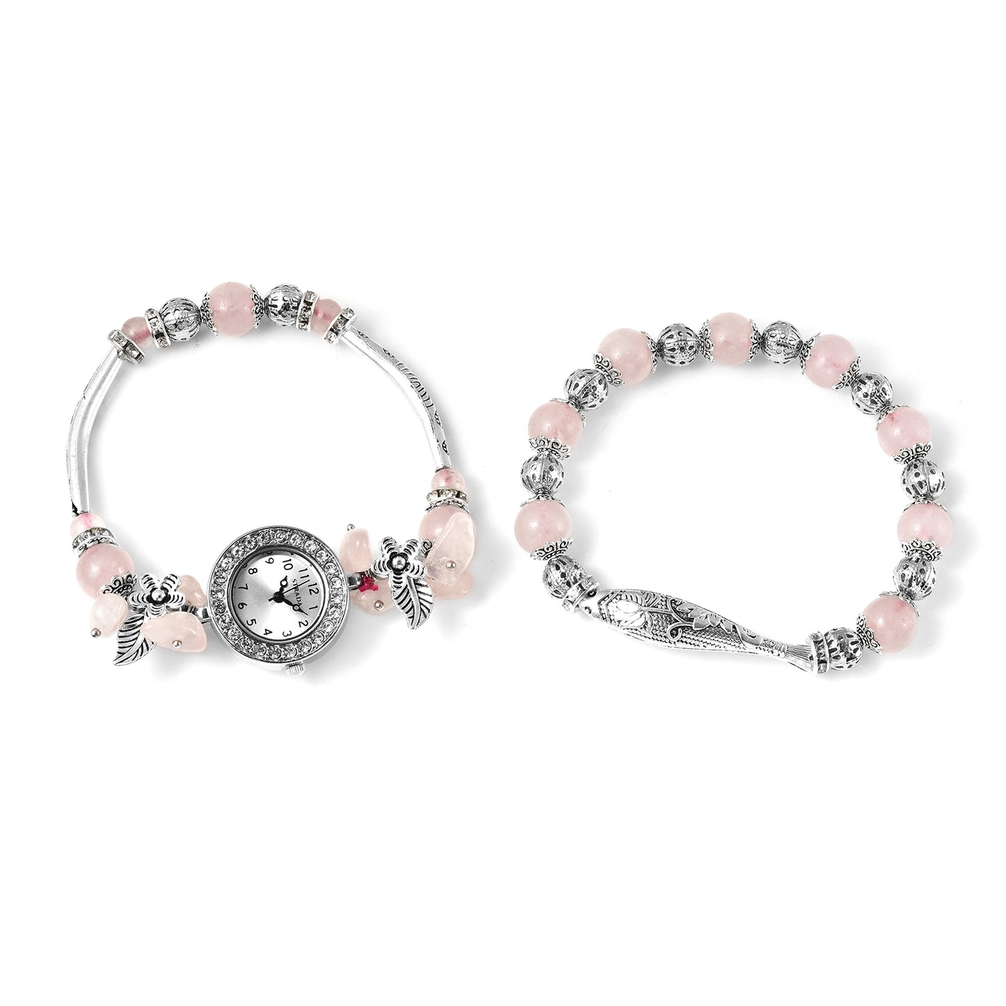 2 pc Rose Quartz, White Austrian Crystal Charm Bracelet Watch and Matching Bracelet