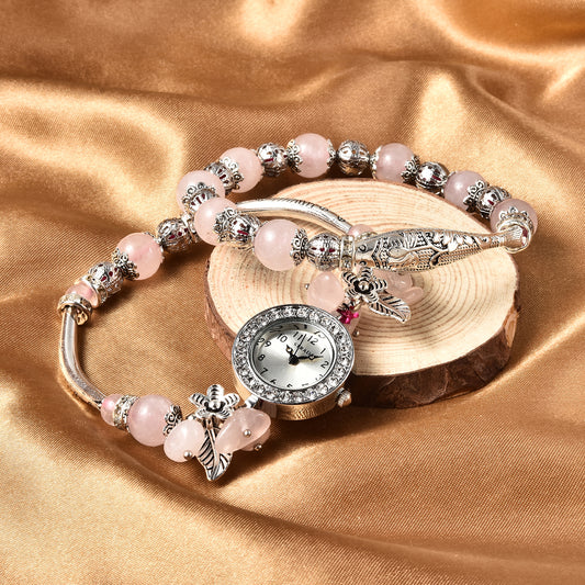 2 pc Rose Quartz, White Austrian Crystal Charm Bracelet Watch and Matching Bracelet