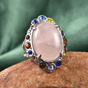 Galilea Rose Quartz or South African Tiger's Eye Multi Color Austrian Crystal Halo Ring