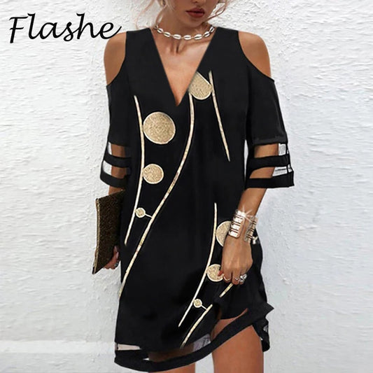 Summer Women Short Dress V Neck Short Sleeve Lace Mesh Patchwork Casual Loose Beach Dress Floral Print Mini Dress S-4XL