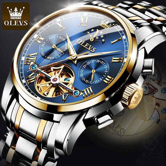 OLEVS Men Watch Automatic Mechanical Watch Stianless Top Brand Luxury Moon phase SkeletonTourbillon Wristwatch Reloj hombres