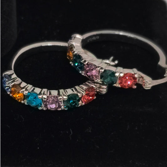 Multi Color Crystal Hoop Earrings in Sterling Silver