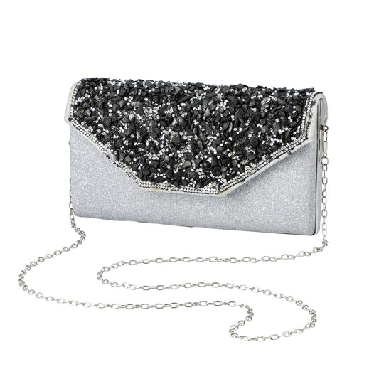 Shungite, Silver Gilded Fabric Clutch Bag with Detachable Chain Shoulder Strap