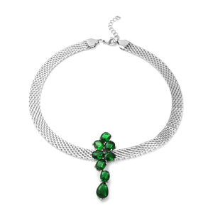 Silver Mesh Simulated Green Diamond Choker Pendant Necklace 16 Inches