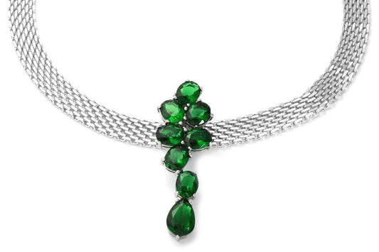 Silver Mesh Simulated Green Diamond Choker Pendant Necklace 16 Inches