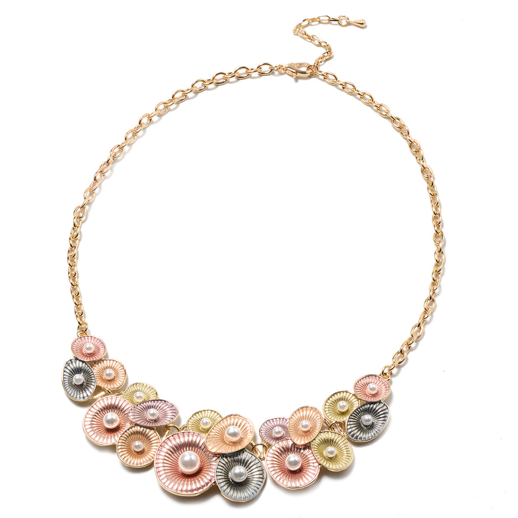 Simulated Pearl and Enameled Oyster Cluster Necklace 20-22 Inches
