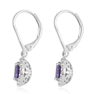 Purple Sapphire and Diamond Halo Drop Earrings