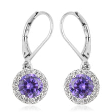 Load image into Gallery viewer, Purple Sapphire and Diamond Halo Drop Earrings
