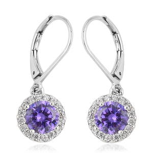Purple Sapphire and Diamond Halo Drop Earrings
