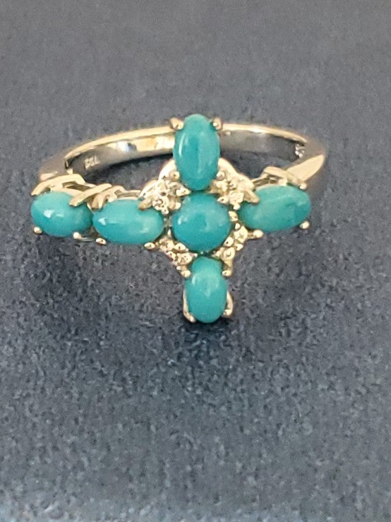 Sky Blue Turquoise and Austrian Crystal Cross Ring in Sterling Silver