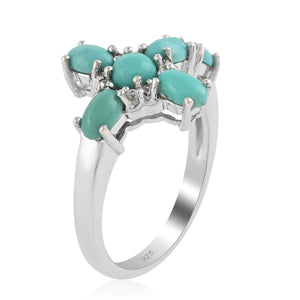 Sky Blue Turquoise and Austrian Crystal Cross Ring in Sterling Silver