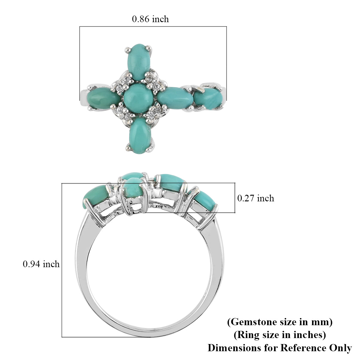 Sky Blue Turquoise and Austrian Crystal Cross Ring in Sterling Silver