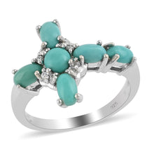 Load image into Gallery viewer, Sky Blue Turquoise and Austrian Crystal Cross Ring in Sterling Silver
