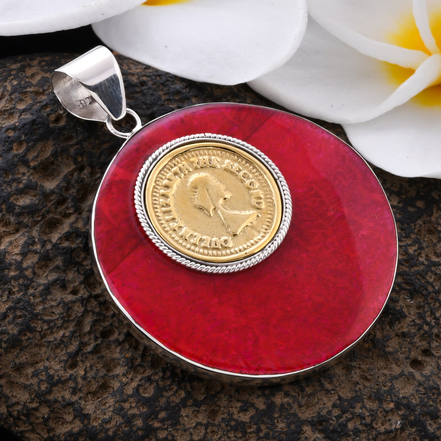 Natural Sponge Coral Shell Coin Pendant in Sterling Silver