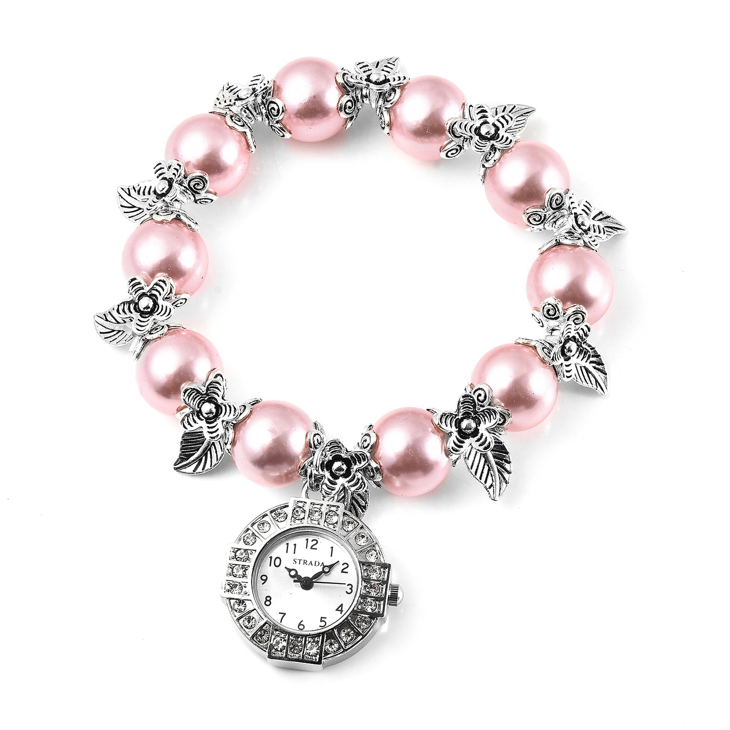 White Austrian Crystal, Pink Simulated Pearl Beaded Watch