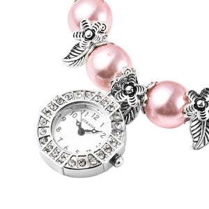 White Austrian Crystal, Pink Simulated Pearl Beaded Watch