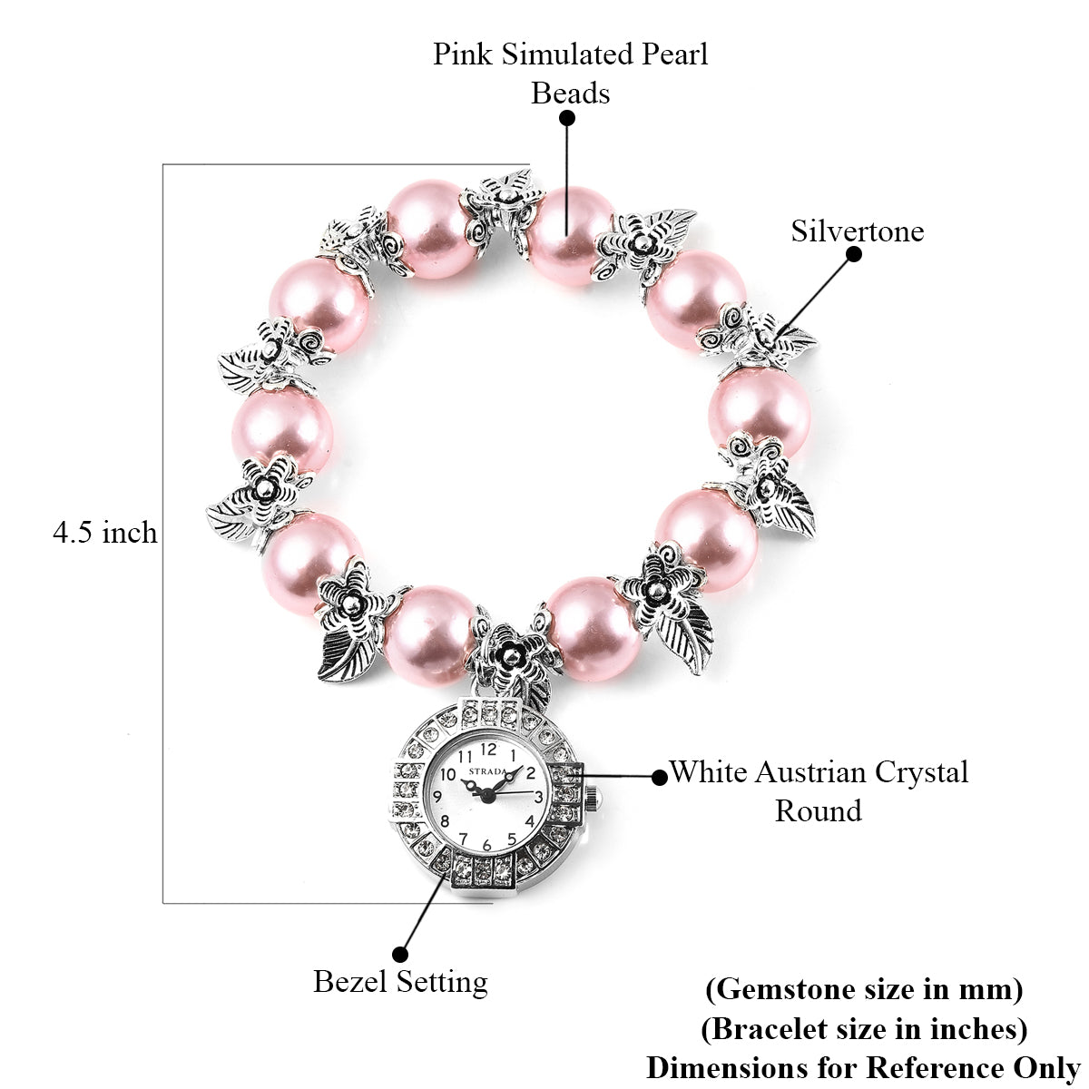 White Austrian Crystal, Pink Simulated Pearl Beaded Watch