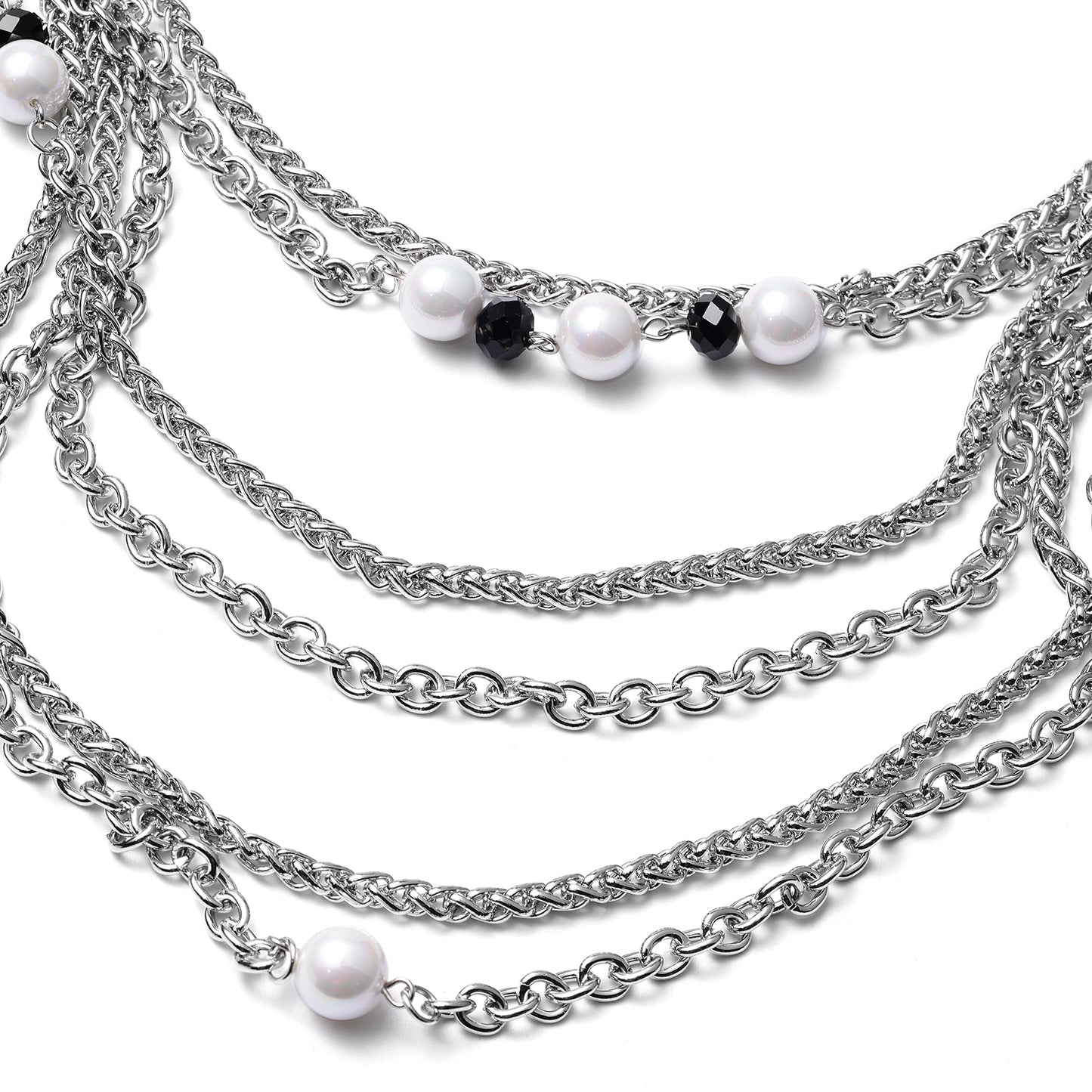 White Pearl Glass, Black Glass Triple-Row Necklace (24 Inches)