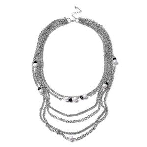 White Pearl Glass, Black Glass Triple-Row Necklace (24 Inches)