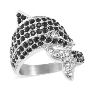 White and Black Crystal Dolphin Ring