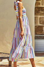 Load image into Gallery viewer, Striped Tie-Shoulder Smocked Tiered Dress
