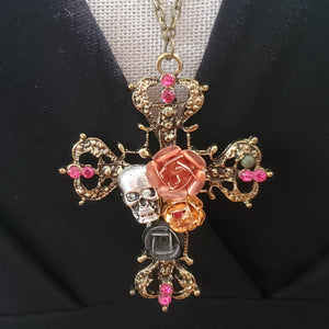 Retro Skull, Flower and Cross Necklace