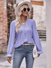 Load image into Gallery viewer, Eyelet V-Neck Flounce Sleeve Blouse
