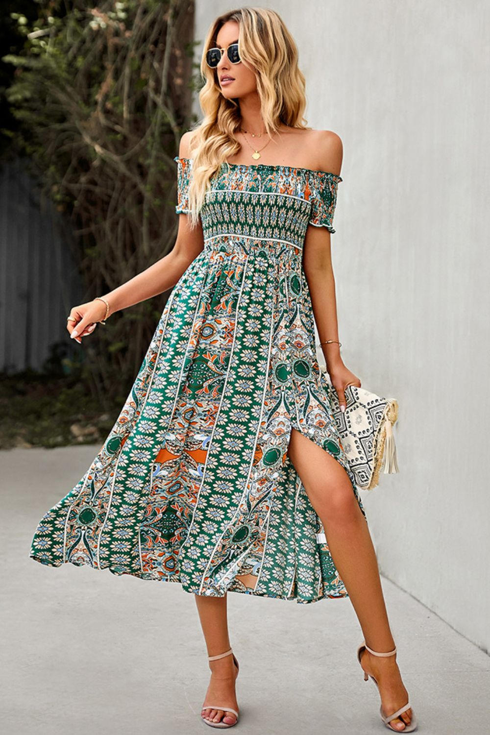 Bohemian Off-Shoulder Frill Trim Split Dress