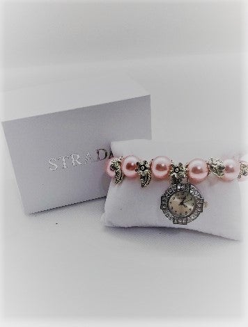 White Austrian Crystal, Pink Simulated Pearl Beaded Watch