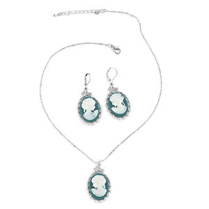 Teal Cameo Necklace and Earring Set 