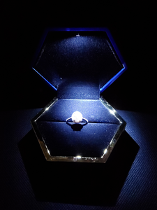 Blue Velvet Octagonal Shape LED Light Ring and Earrings Box with Gold Rim'