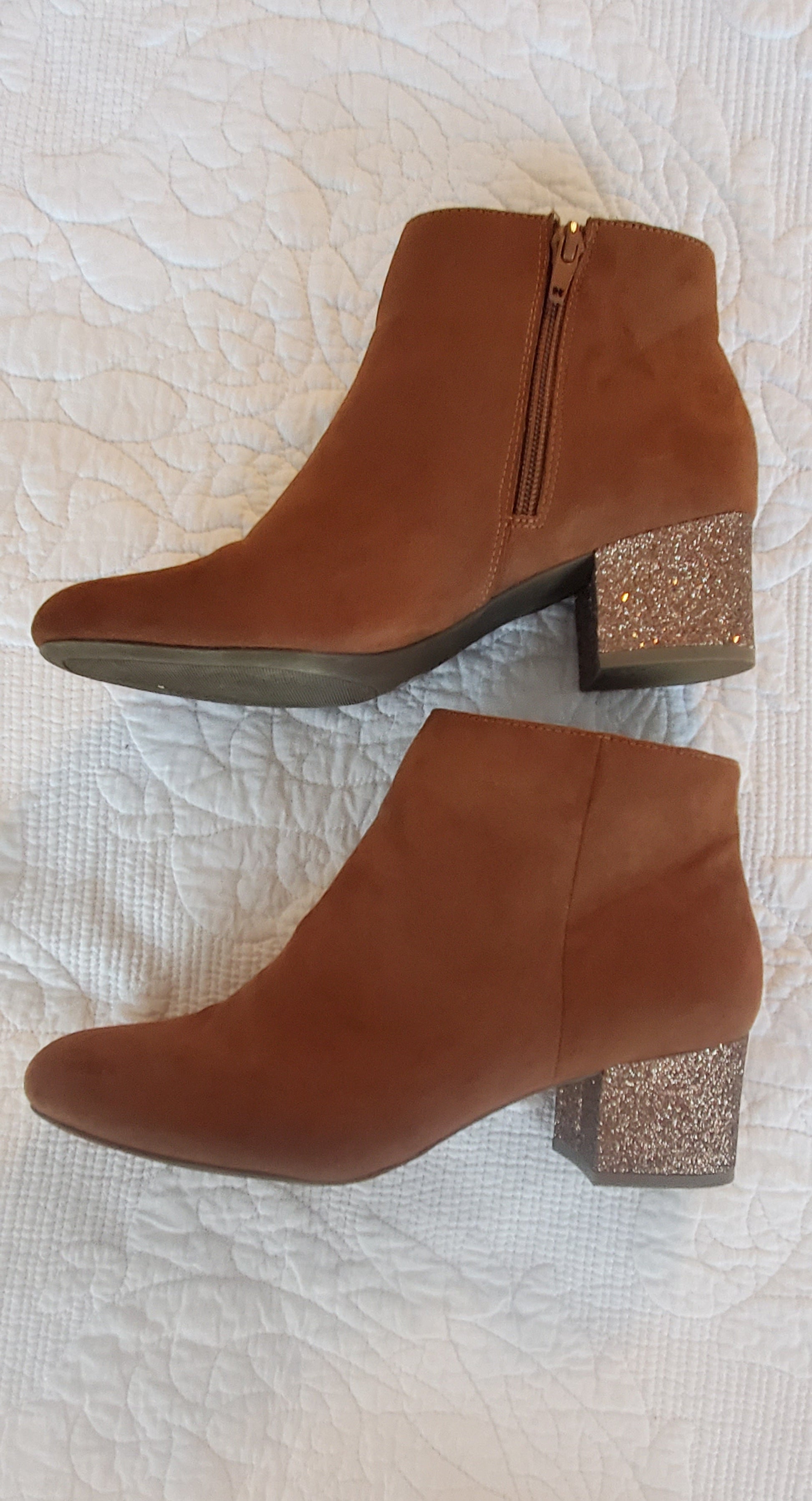 Chunky Glitter Heel Vegan Suede Bootie Sz 7.5 - WHIMSICALIA