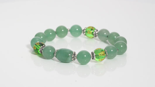 Feng Sui Green Aventurine and Engraved Green Glass Beaded Bracelet