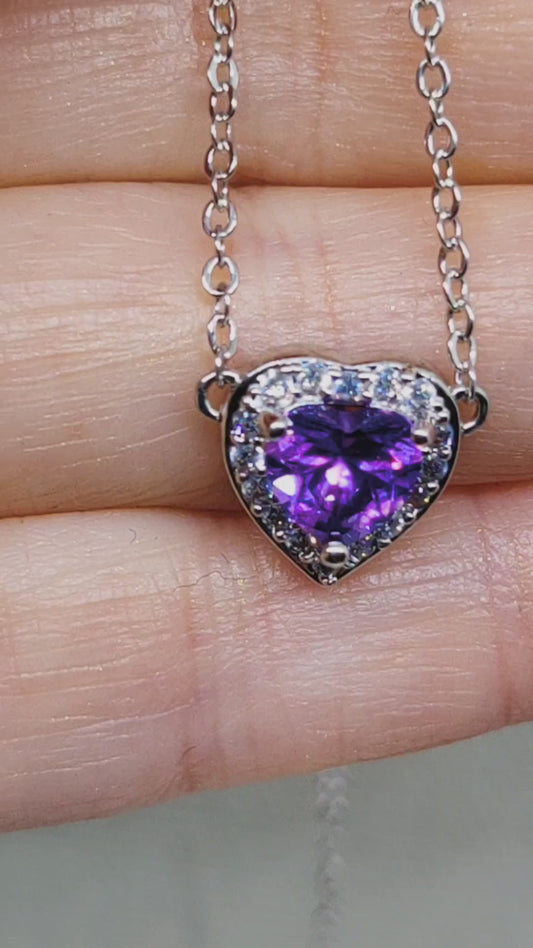 Halo Shapphire  or Alexandrite Heart Silver Necklace