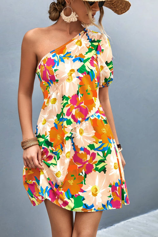 Floral One-Shoulder Puff Sleeve Dress