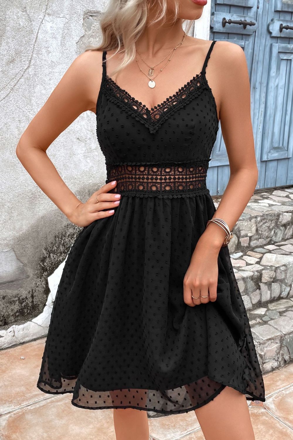 Swiss Dot Spaghetti Strap Spliced Lace Dress