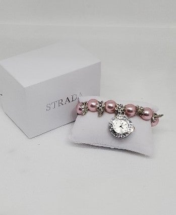 White Austrian Crystal, Pink Simulated Pearl Beaded Watch