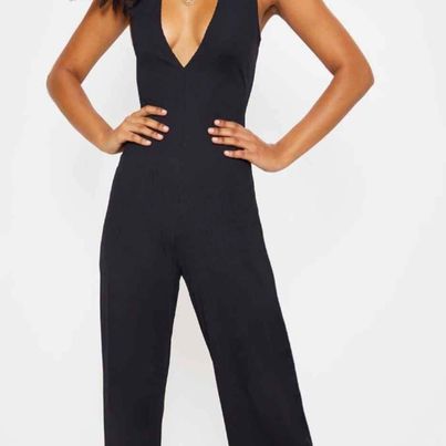 Women's Deep Plunge Criss Cross Back Wide Leg Jumpsuit Size Small