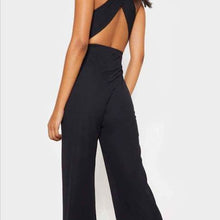 Load image into Gallery viewer, Women&#39;s Deep Plunge Criss Cross Back Wide Leg Jumpsuit Size Small
