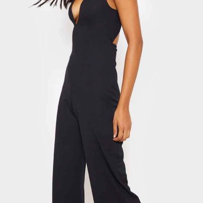 Women's Deep Plunge Criss Cross Back Wide Leg Jumpsuit Size Small