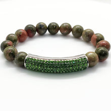 Load image into Gallery viewer, Unakite Beaded and Neon Green Crystal Bracelet with Center Charm - WHIMSICALIA
